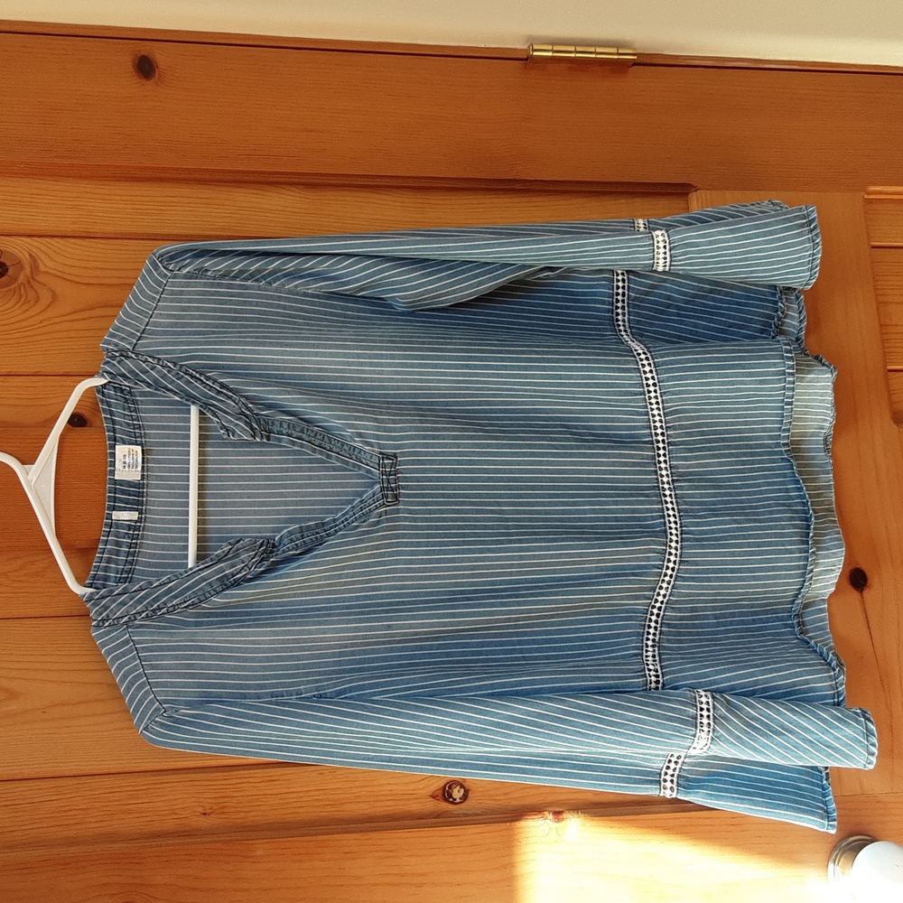 Vee Neck Denim Blue & White Blouse